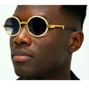 Sunglasses Round Frame Wood‎ Arm Gold Metal Fashion Shades Festival Bling UV400